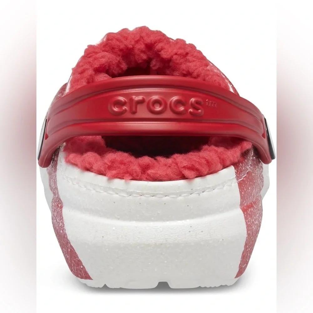 CROCS Kids Red and White Peppermint-Pattern Fleece-Lined Clog